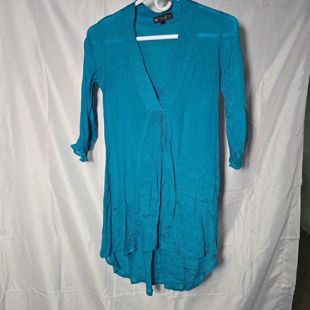 Papillon Teal Blue High Low V-Neck Tunic Top Womens XS boho‎ indie whimsy